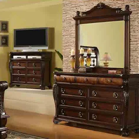 Traditional Dresser & Mirror with Pediment Detail